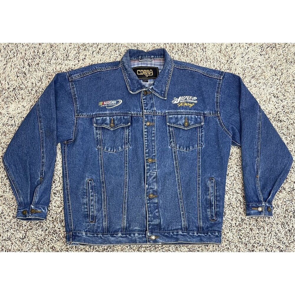 VTG COBRA Mens LARGE NASCAR Jasper Engines Racing Embroidered Denim JEAN JACKET
